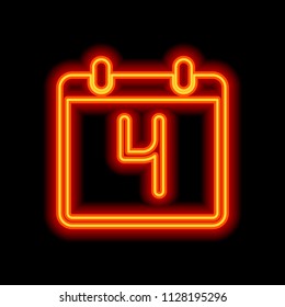 calendar with 4 day, simple icon. Orange neon style on black background. Light icon