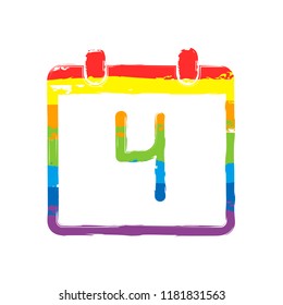 calendar with 4 day, simple icon. Drawing sign with LGBT style, seven colors of rainbow (red, orange, yellow, green, blue, indigo, violet