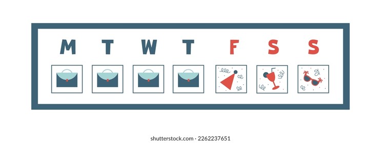 Calendar with 4 day workweek. Friday as a weekend and vacation. Increase efficiency and productivity, reduce time in the office. Flexible timetable for hybrid employees. Vector flat illustration.