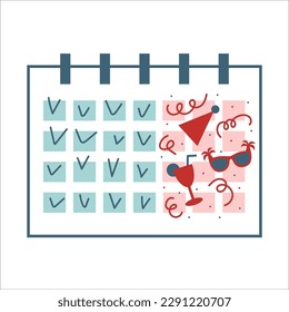 Calendar with 4 day workweek. Friday as a weekend and vacation. Increase efficiency and productivity, reduce time in the office. Flexible timetable for hybrid employees. Vector flat illustration.