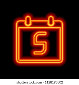 calendar with 5 day, simple icon. Orange neon style on black background. Light icon