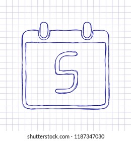 calendar with 5 day, simple icon. Hand drawn picture on paper sheet. Blue ink, outline sketch style. Doodle on checkered background