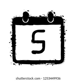 calendar with 5 day, simple icon. Black ink with splashes on white background