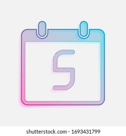 calendar with 5 day, simple icon. Colored logo with diagonal lines and blue-red gradient. Neon graphic, light effect
