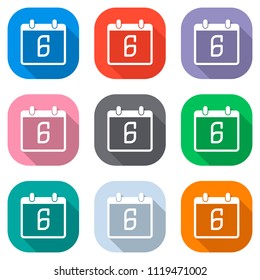 calendar with 6 day, simple icon. Set of white icons on colored squares for applications. Seamless and pattern for poster