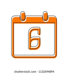 calendar with 6 day, simple icon. Isolated icon consisting of black thin contour and orange moved filling on different layers. White background