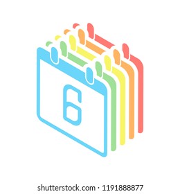 calendar with 6 day, simple icon. Stack of colorful isometric icons on white background