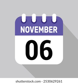 calendar 6 november icon vector date background. Vector schedule symbol.