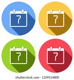 calendar with 7 day, simple icon. Set of white icons with long shadow on blue, orange, green and red colored circles. Sticker style
