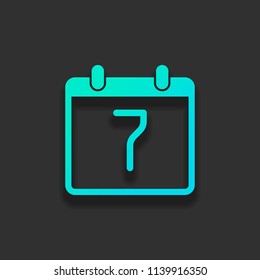 calendar with 7 day, simple icon. Colorful logo concept with soft shadow on dark background. Icon color of azure ocean