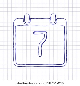 calendar with 7 day, simple icon. Hand drawn picture on paper sheet. Blue ink, outline sketch style. Doodle on checkered background