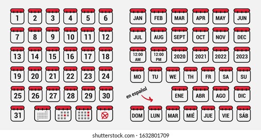 Calendar 71 Web Icons Set. Months, Days of the Week (English, Spanish), Years and Other Symbols. Flat Simple Red and White Design. Cartoon Style. Graphic Elements for Banner, App, Blog