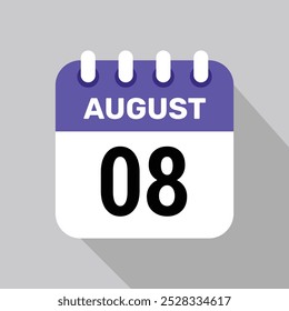 calendar 8 august icon vector for the days of the month and the week on a light background