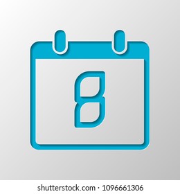 calendar with 8 day, simple icon. Paper design. Cutted symbol with shadow