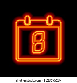 calendar with 8 day, simple icon. Orange neon style on black background. Light icon