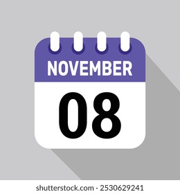 calendar 8 november icon vector date background. Vector schedule symbol.