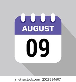 calendário 9 agosto ícone vetor para os dias do mês e da semana em um fundo claro