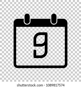 calendar with 9 day, simple icon. On transparent background.