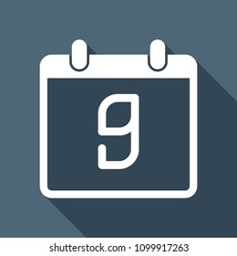 calendar with 9 day, simple icon. White flat icon with long shadow on background