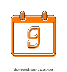 calendar with 9 day, simple icon. Isolated icon consisting of black thin contour and orange moved filling on different layers. White background