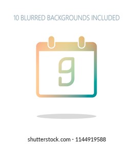 calendar with 9 day, simple icon. Colorful logo concept with simple shadow on white. 10 different blurred backgrounds included
