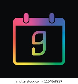 calendar with 9 day, simple icon. Rainbow color and dark background