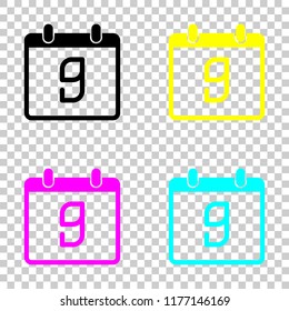 calendar with 9 day, simple icon. Colored set of cmyk icons on transparent background