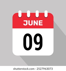 Diseño gráfico de fondo de fecha de Ilustración vectorial de icono de calendario 9 de junio.