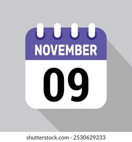 Fondo de fecha de Vector de icono de calendario 9 de noviembre. Símbolo de programación de Vector.