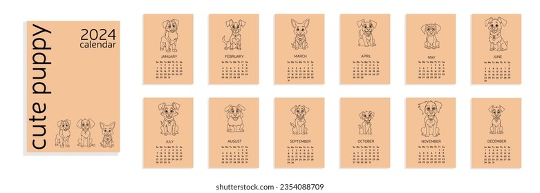 Calendar A4 2024 with cute little dog in doodle style, hand draw pets. Calendar 2024 with puppy. Week start on sunday. Vector illustration