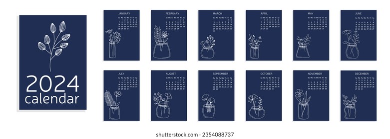 Calendar A4 2024 with minimal set of leaves and flowers, hand draw element of nature. Week start on sunday. Vector illustration