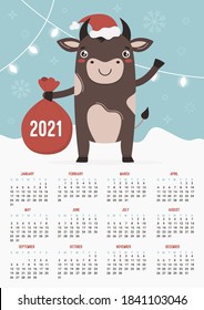The calendar A4 format in 2021. Chinese symbol bull holds a bag of gifts. Happy new year and merry Christmas. Cute vector poster with a Ox.