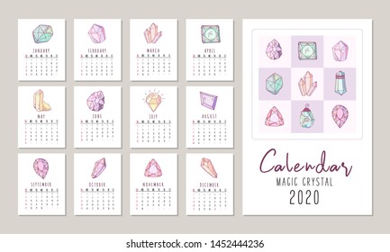 Calendar A4 format, or planner for 2020 with colored geometric crystals or gems, jewelry diamonds and precious stones. Cover and monthly pages with dates. Vector template