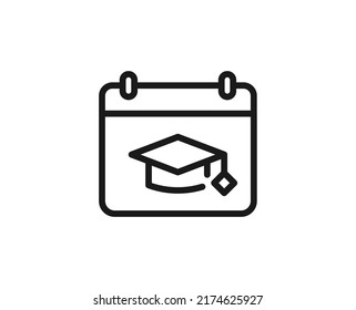 Calendar Academic Cap Icon Concept. Single Premium Editable Stroke Pictogram Perfect For Logos, Mobile Apps, Online Shops And Web Sites. Vector Symbol Isolated On White Background. 