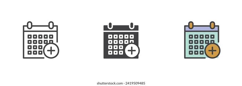 Calendar fügen Sie verschiedene Stilsymbolsätze hinzu. Linie, Glyph und gefüllte Umrissversion, Umriss und ausgefülltes Vektorzeichen. Kalender und plus Symbol, Logo-Illustration. Vektorgrafik