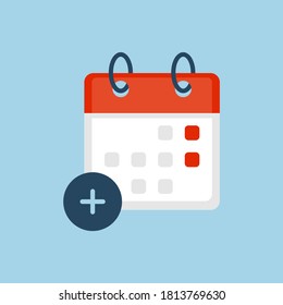 Calendar with add sign icon, add date to calendar. Check up calendar vector flat design