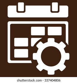 Calendar Adjustment vector icon. Style is flat symbol, white color, rounded angles, brown background.