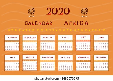 Calendar Africa 2020. Week starts on Sunday.Colorful design with ethnic pattern. Vector illustration