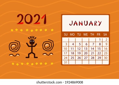 Calendar Africa for January 2021. Week starts on Sunday.Colorful design with ethnic pattern. Vector illustration