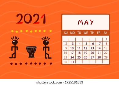 Calendar Africa for May 2021. Week starts on Sunday.Colorful design with ethnic pattern. Vector illustration