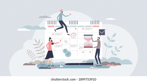 Calendar agenda for appointment and meeting planning tiny person concept. Project deadline, financial future plans and business schedule vector illustration. Time organization for effective task work.