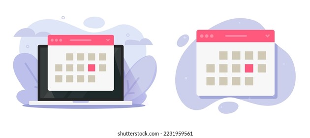 Calendar agenda digital online on computer screen icon vector or web internet reminder planner app on laptop pc graphic flat illustration, schedule electronic date event task clipart