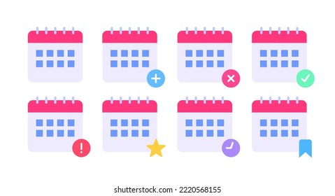 Calendar Agenda Icon Set Flat Simple Colorful Vector Add Remove Check Favorite Bookmark Agenda Design Illustration