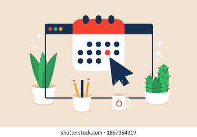 Calendar or agenda on browser window screen vector illustration, flat cartoon online organizer app on pc display with event date reminder