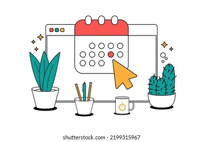Calendario o agenda en la pantalla del navegador ilustración vectorial, aplicación organizadora de dibujos animados en línea en la pantalla pc con recordatorio de fecha de evento.
