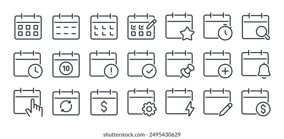 Calendar, agenda, plan editable stroke outline icons set isolated on white background flat vector illustration. Pixel perfect. 64 x 64