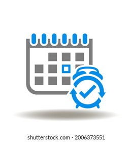 Calendar with alarm clock and check mark vector illustration. Time management symbol. Agile development icon. Event sign.
