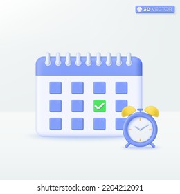 Calendar with alarm clock icon symbols. notification, event, business planning, reminder concept. 3D vector isolated illustration design. Cartoon pastel Minimal style. For design ux, ui, print ad.