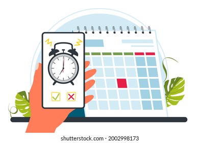 calendar, alarm clock. time management concept, deadline. Appointment, important date concept. Alarm clock on a smartphone screen in hand. Calendar date deadline notification. Vector illustration