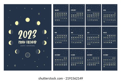 Calendario con todas las fases de la luna previstas durante el año 2023. Cartel en formato vector. Un mes por hoja. Iconos aislados: puede utilizarse de forma independiente. Calendario del hemisferio norte.